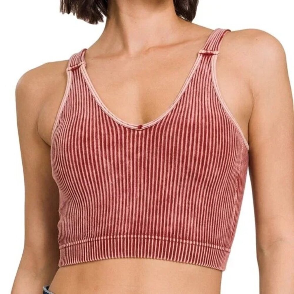 Washed Ribbed Cropped Seamless Bra Padded Tank Top Brami - Rust